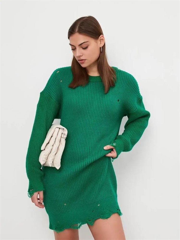 Loose solid color perforated sweater, mid to length, autumn/winter 2024 new item, round neck pullover, long sleeved_voghion.com