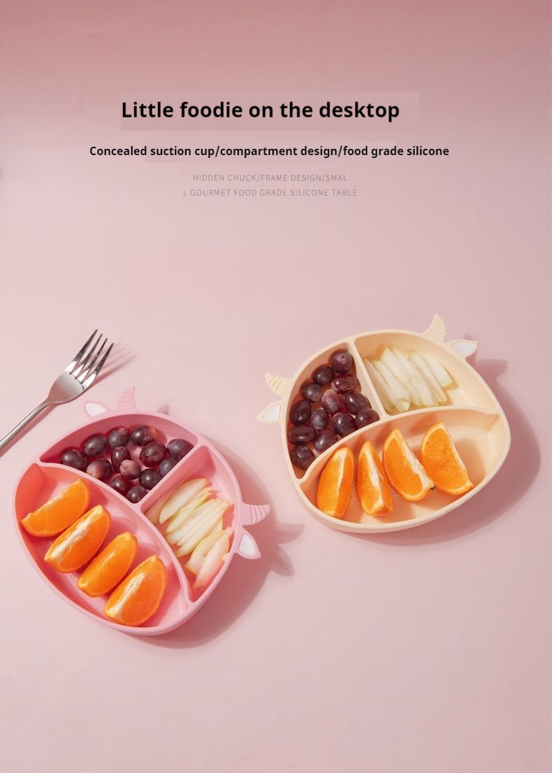 Baby safety silicone plate, baby anti slip suction cup bowl, baby cartoon complementary food box, integrated compartment tableware_voghion.com