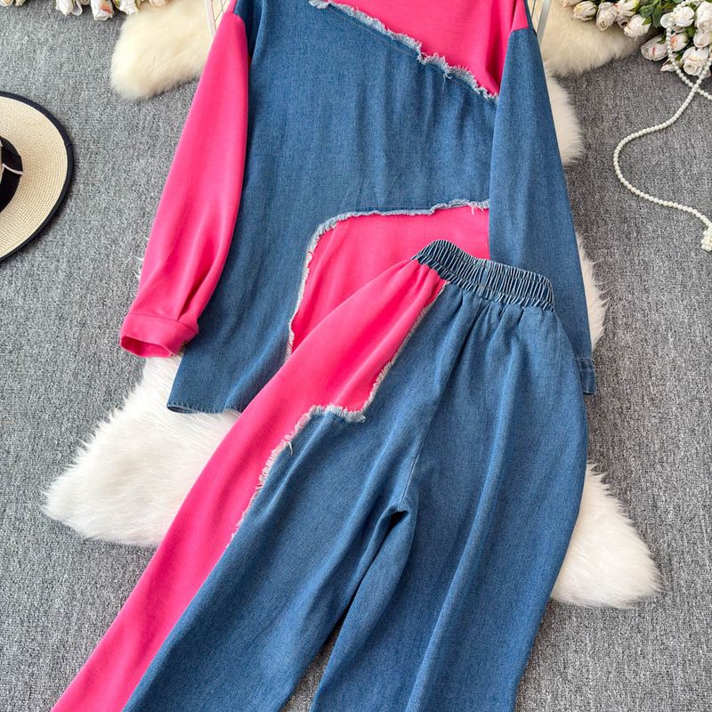 Damenbekleidung Designer-Jeanshemd mit Revers und Patchwork-Muster, langärmeliges Oberteil, Anzug für Frauen, hohe Taille, schmale, farblich passende Hose mit weitem Bein, zweiteiliger Anzug_voghion.com