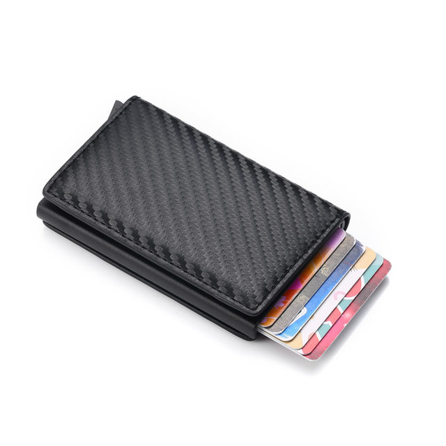 Nuevo Mini tarjetero para hombre, billeteras de fibra de carbono Rfid de cuero negro, Mini billetera delgada, monedero pequeño, monederos para hombre_voghion.com