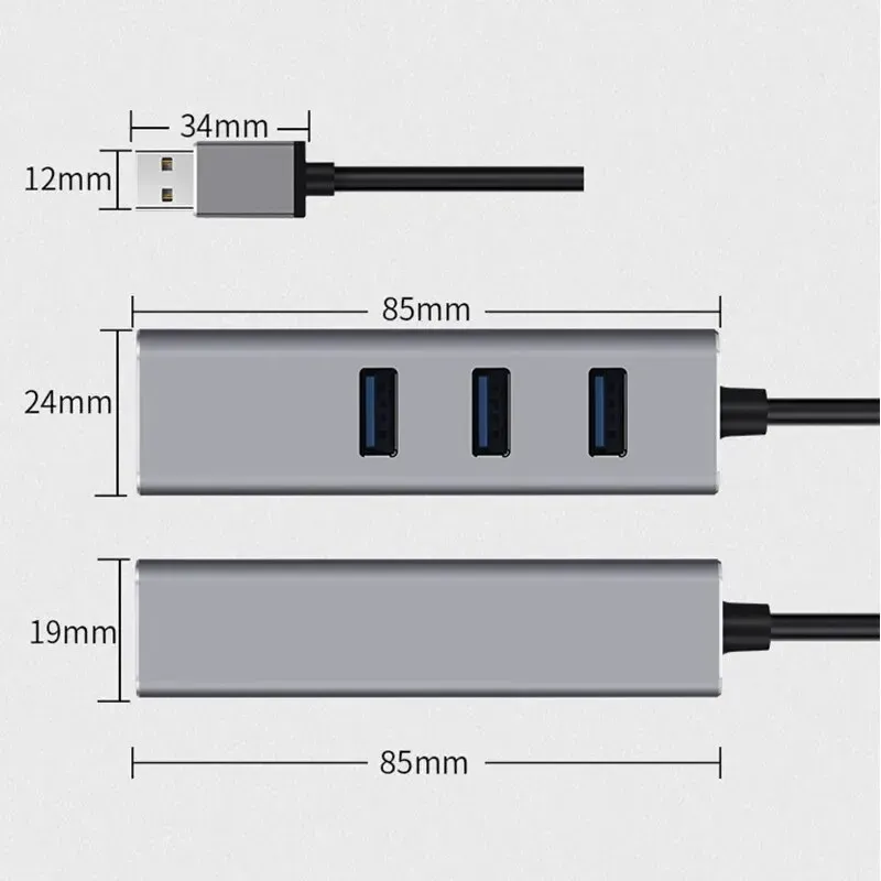 Adaptador USB 3.0 compacto para Ethernet RJ45 1000 Mbps + hub de 3 portas, conversor LAN multidispositivo para laptop/desktop/Steam Deck_voghion.com