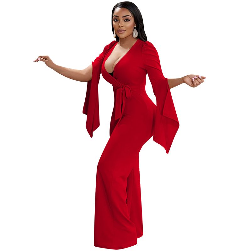 Dametøj nyt produkt ensfarvet sexet dyb V-rem plisseret brede ærmer lange bukser jumpsuit til kvinder_voghion.com