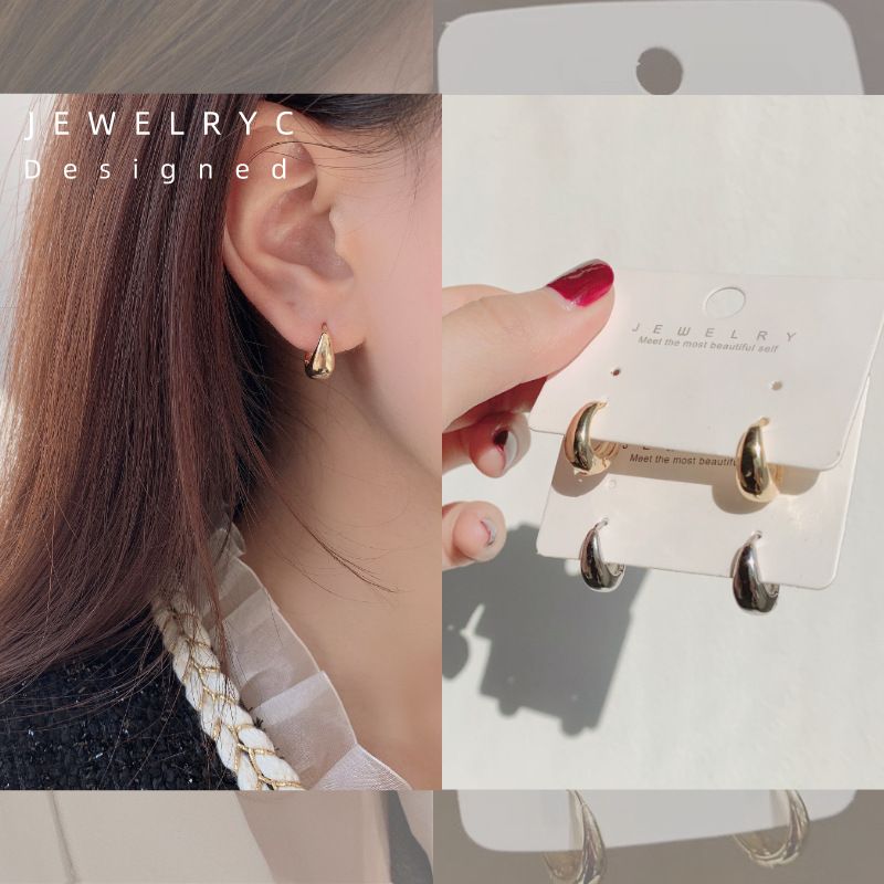 Orecchini a cerchio in metallo minimalista ed elegante con goccia d'acqua in vero oro 14K coreano Dongdaemun_voghion.com