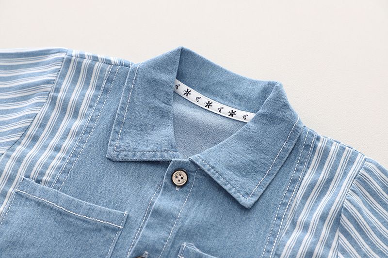 Grenzüberschreitender Außenhandel Kinderkleidung Jungenanzug Sommer Neu Gestreiftes, farblich passendes Jeanshemd Bequemer Anzug mit kurzen Ärmeln und Shorts_voghion.com