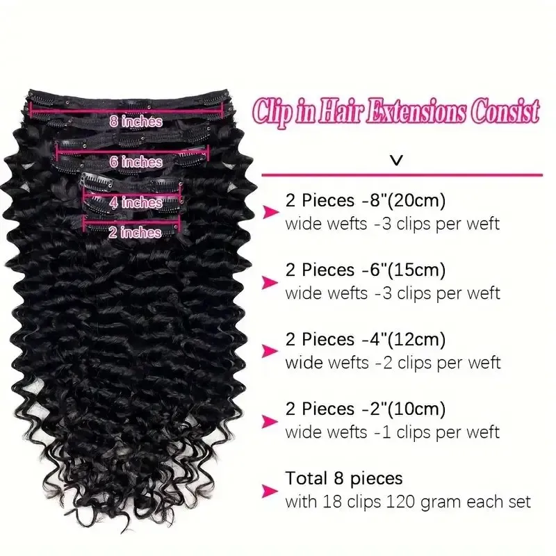 Deep Wave Clip-In-Extensions aus Echthaar für Frauen, 8 Stück, lockig, dicke Enden, 120 g/Set, 18 Clips_voghion.com