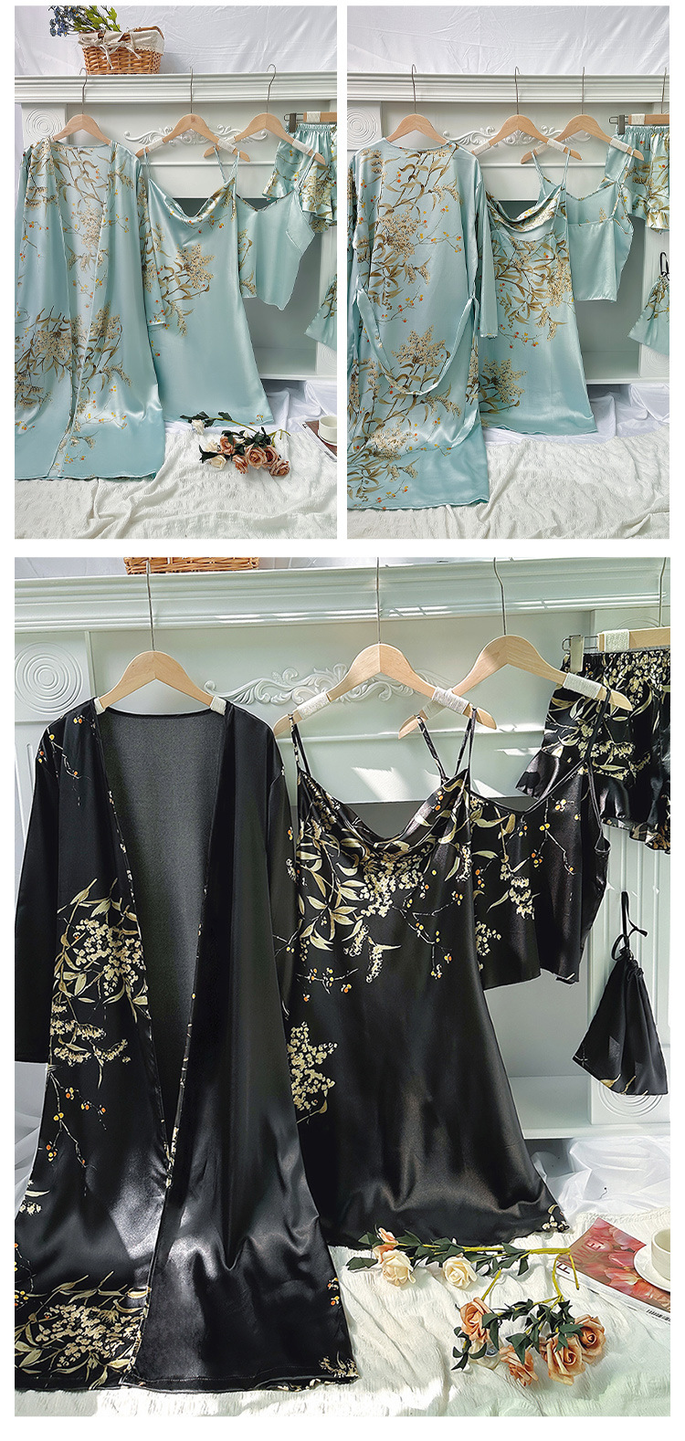 Women's Sleepwears Simple Five Piece Home Wear Set, Printed Cherry Pajamas For Women, Thin Nightgown, Suspenders, Shorts, Suspender Skirt Set_voghion.com