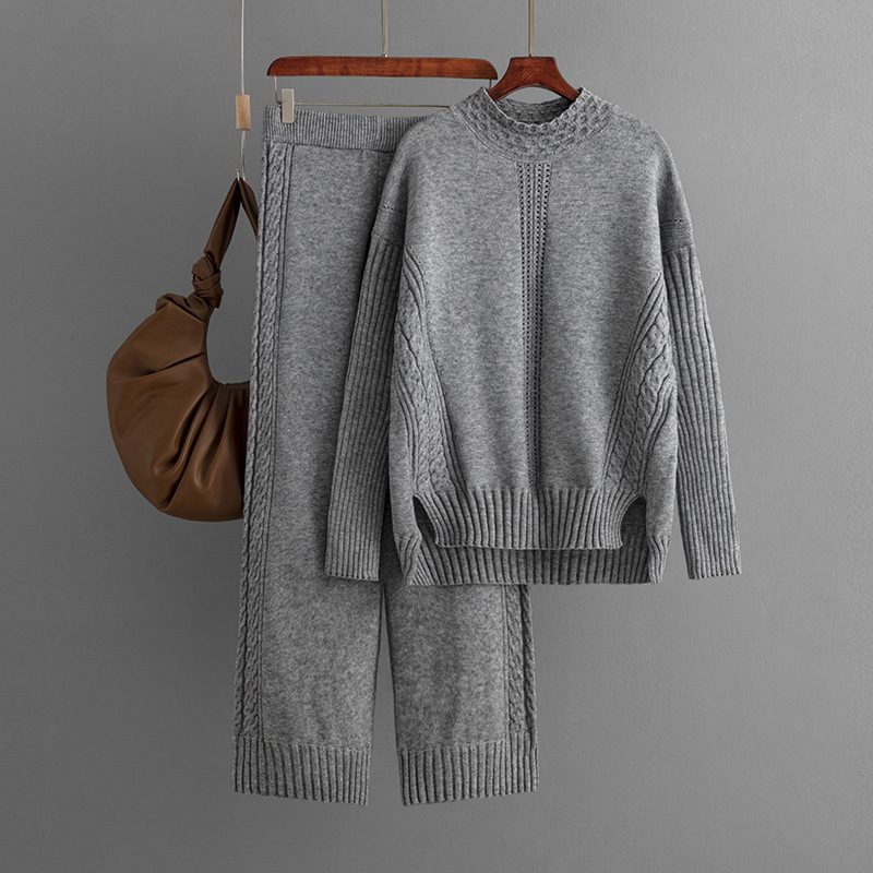 Women's fashion casual knit suit pants loose sweater wide leg trousers long pants two-piece set_voghion.com