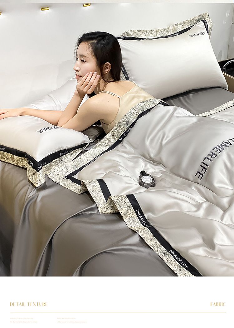 Set di piumoni estivi di lusso in tencel lavato - Biancheria da letto in seta ghiacciata di alta qualità, 4 pezzi, per letto singolo/matrimoniale (lavabile in lavatrice)_voghion.com