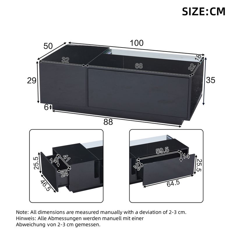 Table basse LED 100 x 50 x 35 cm avec rangement, table de salon en verre noir brillant avec 2 tiroirs, table d'appoint de canapé moderne_voghion.com