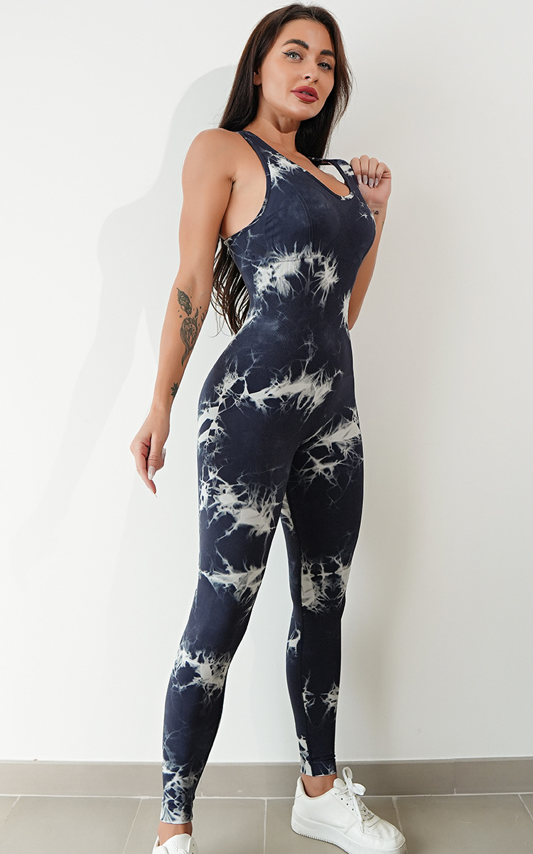 Combinaison de Yoga tout-en-un pour femmes, teinture par nouage, sans manches, élastique, levage des hanches, sport serré, séchage rapide_voghion.com