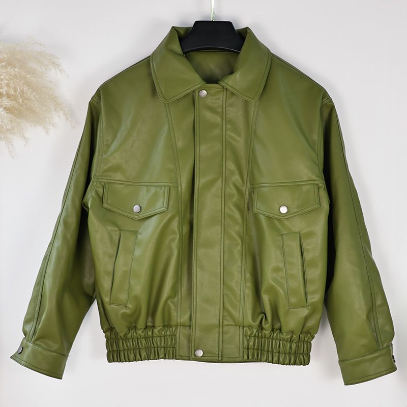 Giacca in similpelle di ispirazione vintage con revers a lancia – Vestibilità oversize, verde oliva e marrone, stile moderno da pendolare_voghion.com