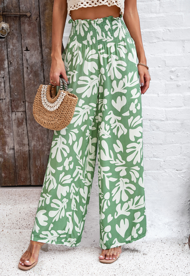 Pantaloni larghi e larghi da donna, in misto cotone stampato, eleganti, primavera-estate_voghion.com