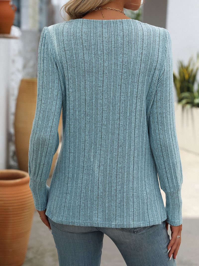 2024 New Fashion Women's Square Neck Ribbed Brushed Solid Color Long Sleeve Button T-Shirt_voghion.com