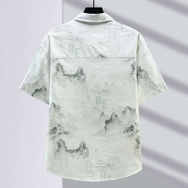Camicia a maniche corte in seta ghiacciata tie-dye ad asciugatura rapida per uomo, estiva, taglio sottile, giacca ampia con maniche a cinque quarti_voghion.com