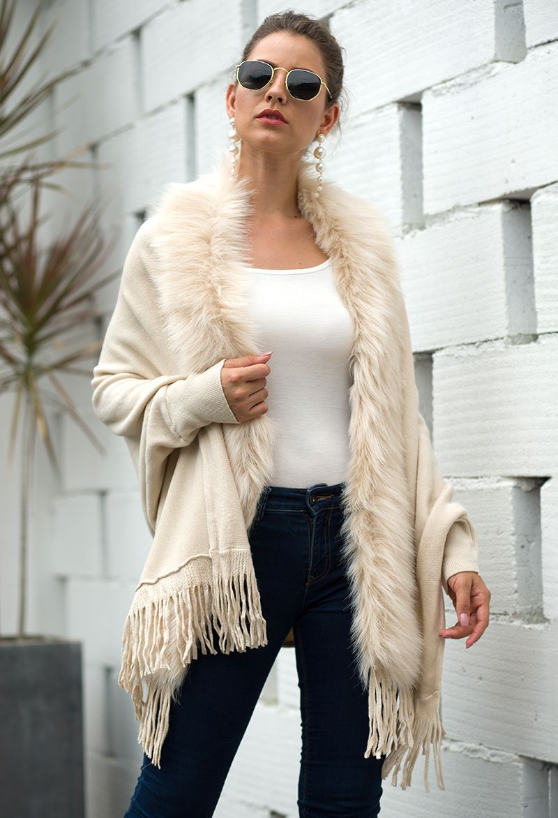 Maglione cardigan tinta unita in stile europeo e americano, autunno e inverno, con nappa e collo in pelliccia_voghion.com