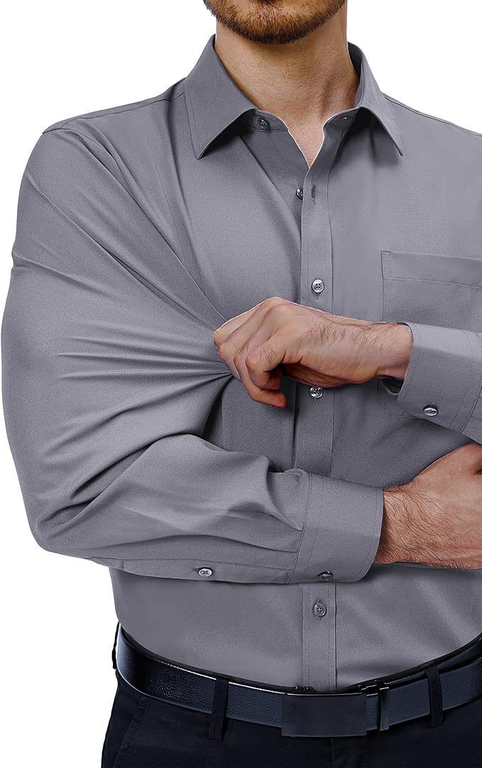 Camicia elasticizzata da uomo con taschino - Camicia casual da lavoro comoda e antipiega, manica lunga, vestibilità slim, traspirante e con protezione UV_voghion.com