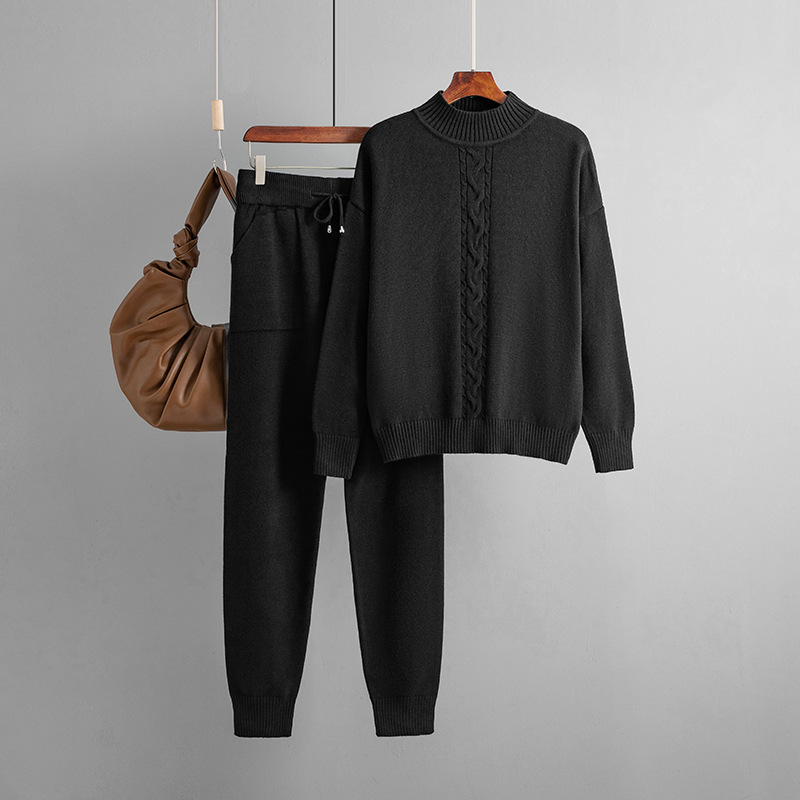 Conjunto de dos piezas de jersey informal de punto trenzado con medio cuello alto para mujer_voghion.com