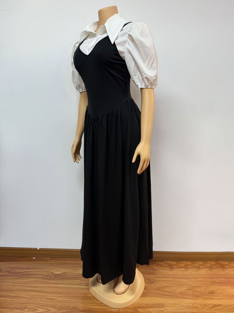 Ensemble deux pièces élégant pour femme, chemise à manches bouffantes et robe cintrée à la taille - Tenue de bureau de style européen et américain_voghion.com
