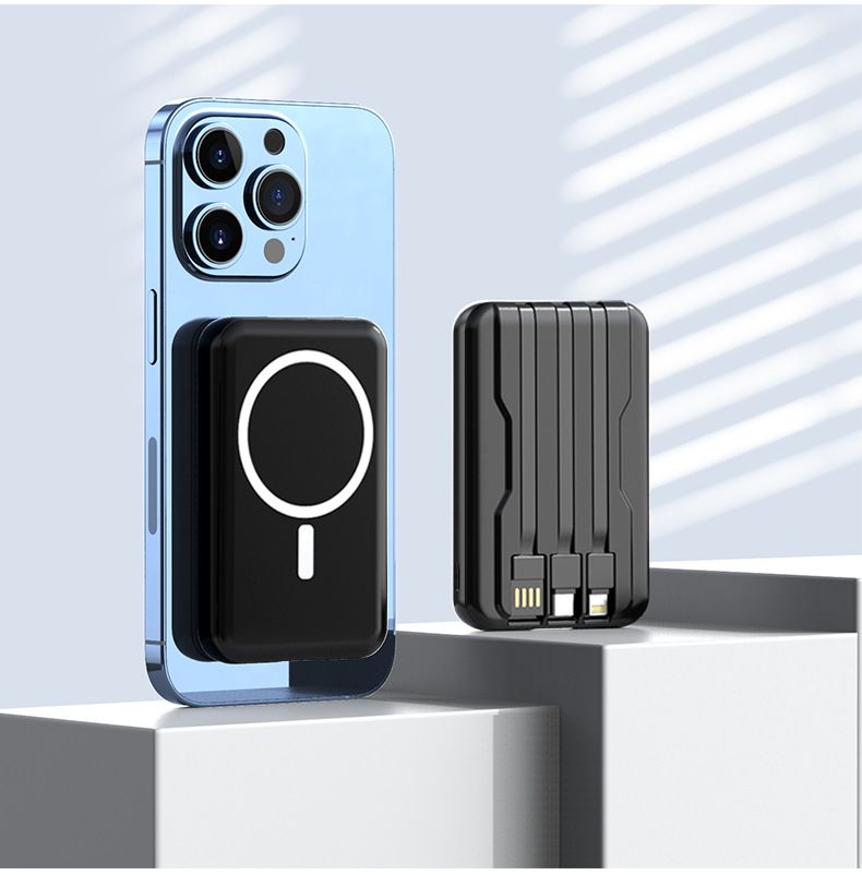Magnetische kabellose Powerbank 10000 mAh mit Magsafe und integriertem Kabel, 15 W Schnellladung, tragbares Ladegerät für iPhone und Android_voghion.com