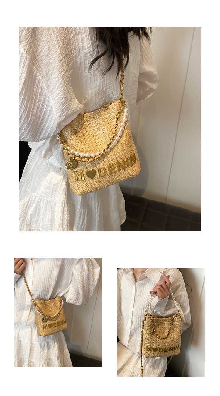 2024 Sommer Neue Gras Gestrickte Englisch Brief Kinder und Mädchen Eltern-Kind Handheld Unterarm Müll Frauen Tasche_voghion.com