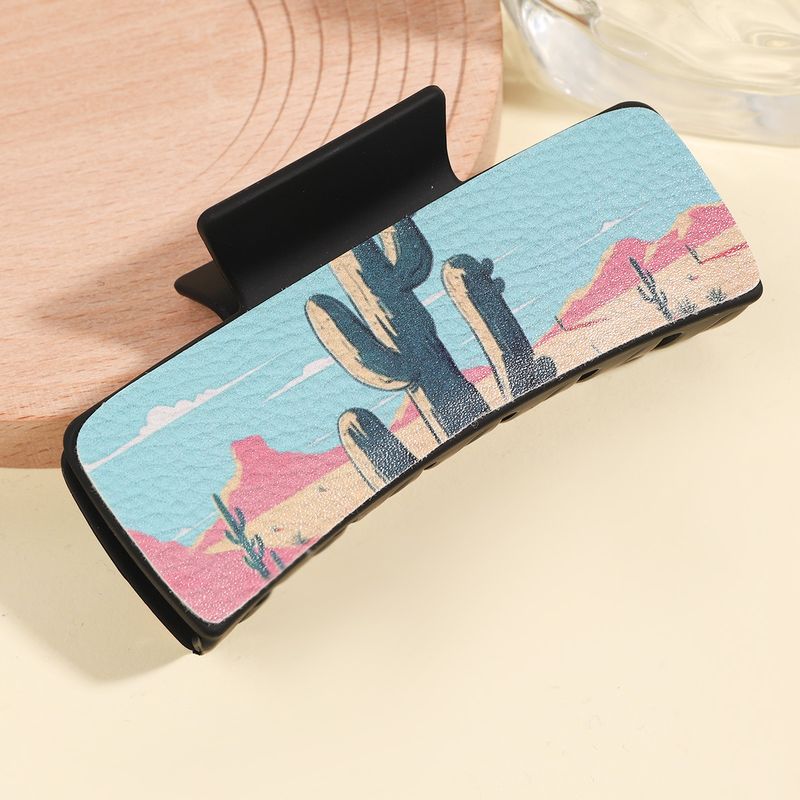 Kaktus-Haarspange aus PU-Leder mit Aufdruck – Wüstenpflanze im Anime-Stil, Krallenklammer für den Hinterkopf – Großer Hai-Clip_voghion.com