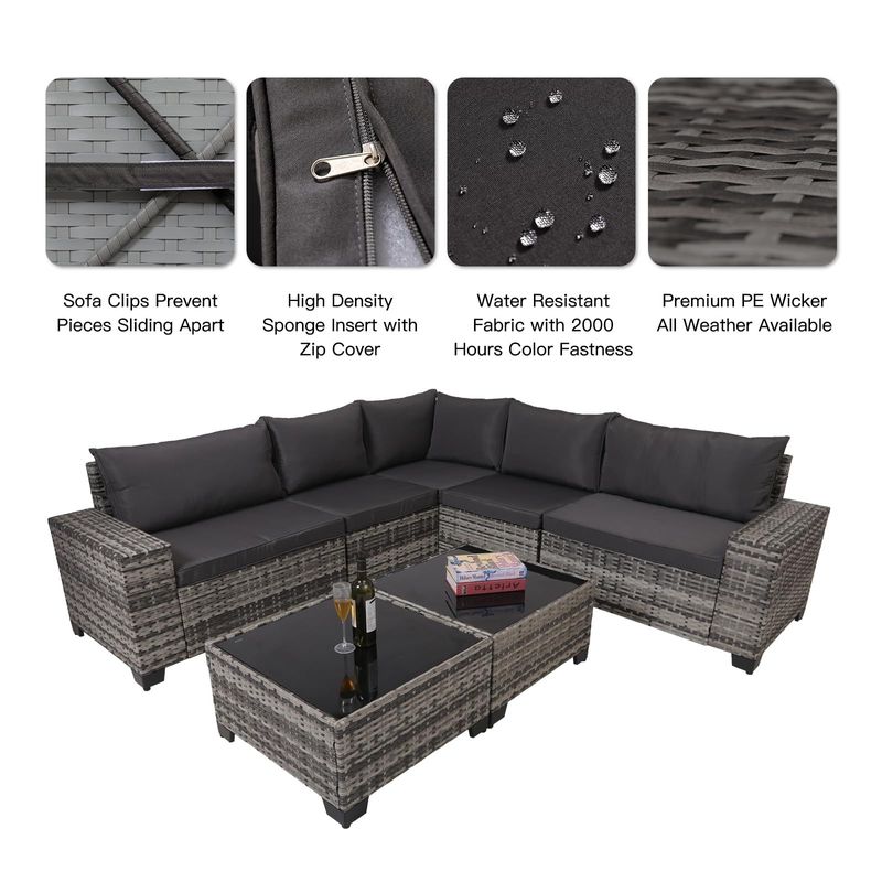 7-Piece Outdoor Patio Furniture Sets, All-Weather Wicker Rattan Sectional Sofa, Modern Two Glass Coffee Table And Washable Seat Cushion (Grey)_voghion.com