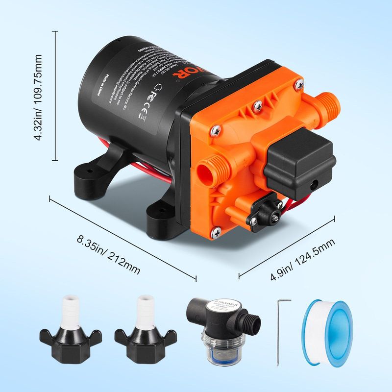 VEVOR Water Diaphragm Pump, 12V DC, 3.5 GPM Flow, 55 PSI Rated Pressure (40-80 PSI Adjustable), 1/2" MNPT Self Priming Sprayer Pump With Pressure Switch For RV Camper Marine Boat Lawn, FCC Certified_voghion.com