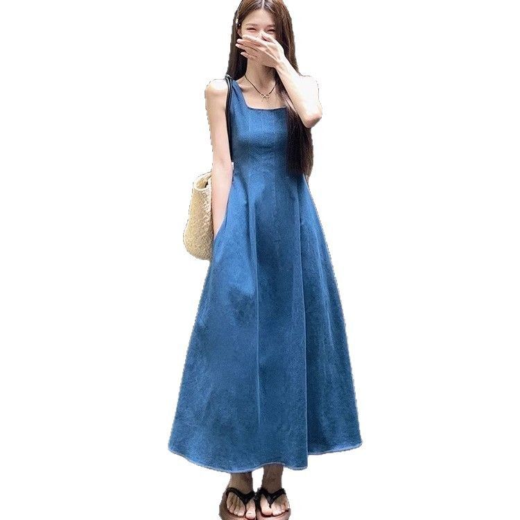 Blue Sleeveless Denim Camisole Dress For Women's Spring And Summer New Square Collar Waist Slimming French Style Long_voghion.com