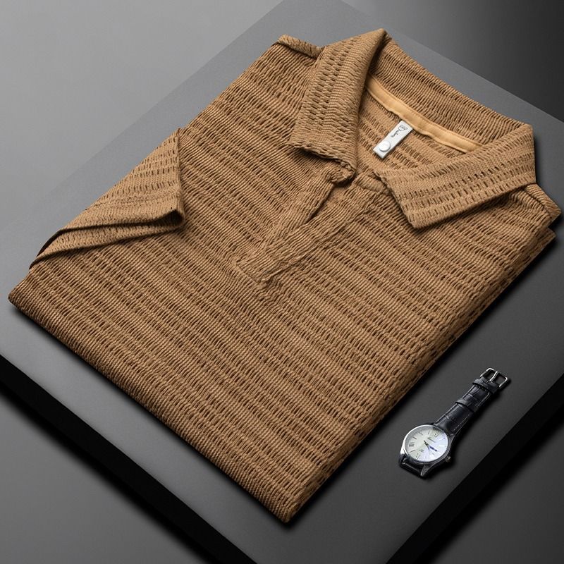 Polo da uomo in maglia traspirante - T-shirt estiva casual a maniche corte con design traforato alla moda e comoda vestibilità ampia_voghion.com