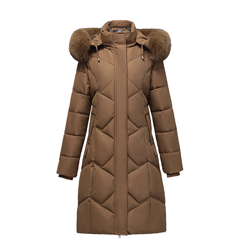 Warme Damenjacke im Winterstil ist lang und dick mit schwerem Haarband und Hutmantel_voghion.com