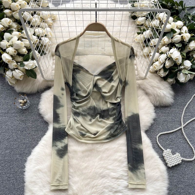 Abbigliamento da donna, maglietta a maniche lunghe con fondo in rete tinta in cravatta, maglietta da donna sottile, temperamento, moda, top plissettato sottile_voghion.com