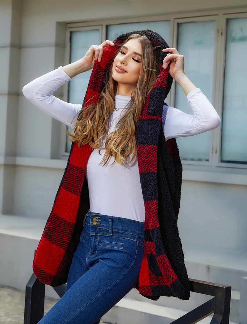 Cardigan ample à capuche sans boutons pour femmes, veste en peluche à carreaux_voghion.com