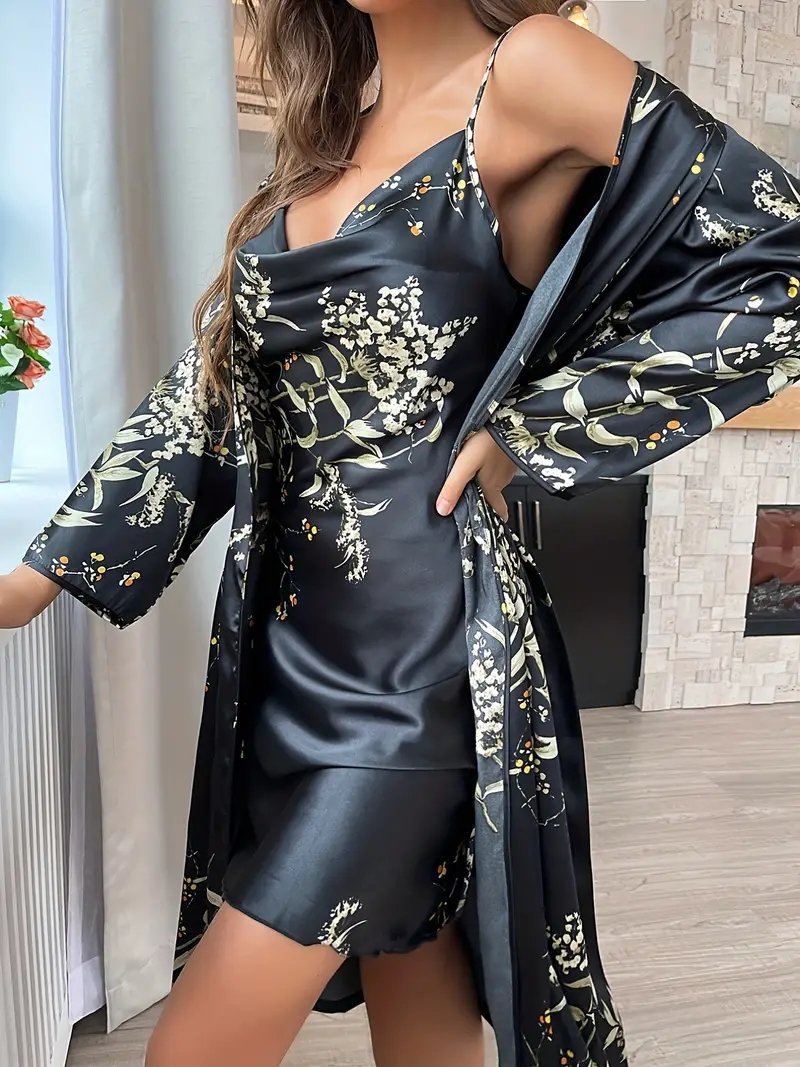 Lussuoso pigiama da donna in 2 pezzi con stampa di piante e uccelli Pigiama e vestaglia - Perfetto per indumenti da notte rilassanti!_voghion.com