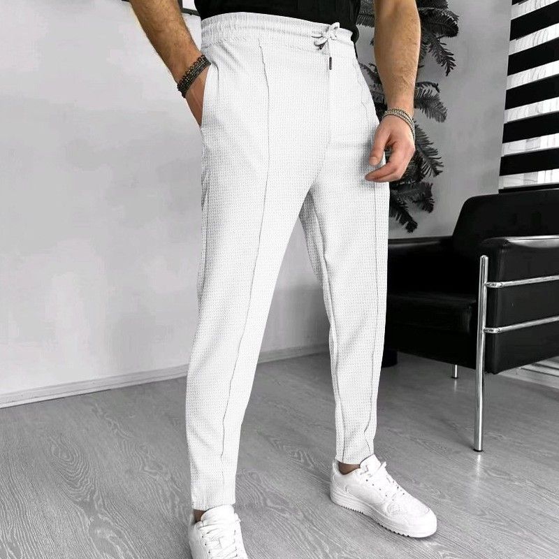 Pantaloni da jogging da uomo in maglia a nido d'ape - Pantaloni casual traspiranti in misto cotone con coulisse per palestra e streetwear (nero/bianco/grigio/kaki/blu navy, S-XXL)_voghion.com