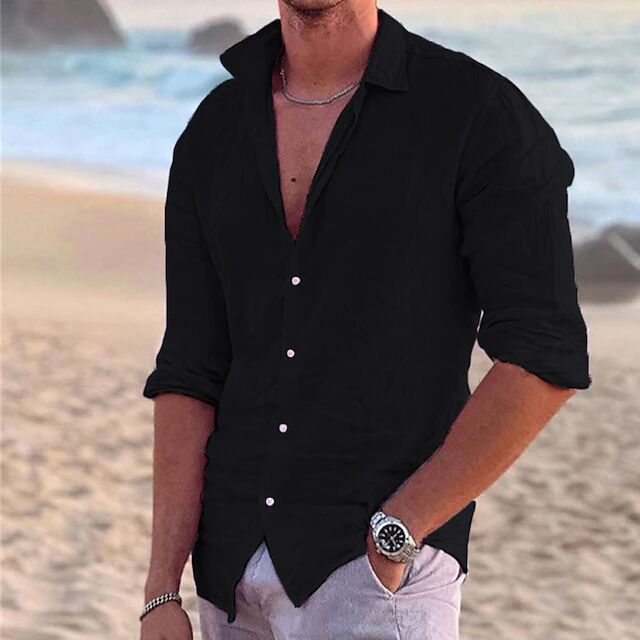 Camicie a maniche lunghe in cotone e lino tinta unita per uomini giovani e alla moda_voghion.com