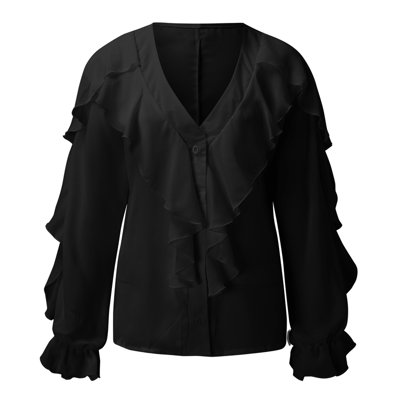 Damesshirt van chiffon met V-hals en lange mouwen_voghion.com