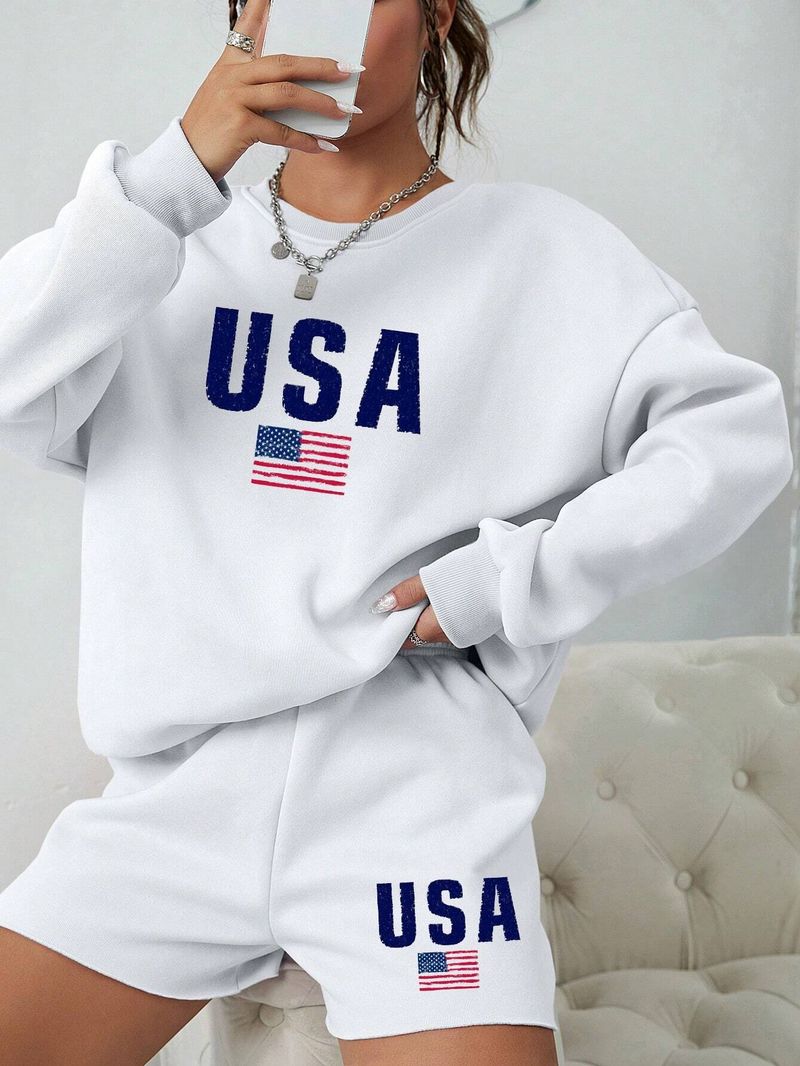 Felpa girocollo da donna, pantaloncini a maniche lunghe, tuta casual ampia, felpa con lettere e stampa a cuore, pantaloncini da tuta_voghion.com