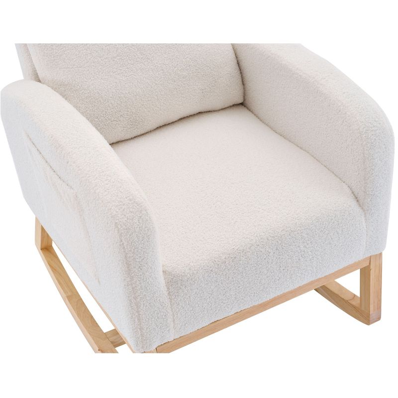 Modern Accent Rocking Chair Rocking Chair With Solid Wood Legs, Upholstered Nursery Glider Rocker, Comfy Armchair With Side Pocket, Living Room Lounge Arm Chair With High Backrest (White,teddy)_voghion.com