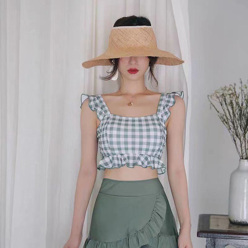 Split student swimsuit, female conservative skirt, covering belly, showing thin and fresh, plaid small chest, gathering girls' lovely swimsuit_voghion.com