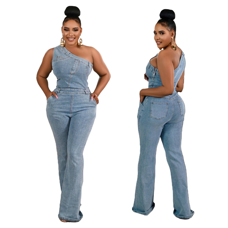 Women's Clothing oblique shoulder tight waist slim elastic washed denim jumpsuit jumpsuit flared pants_voghion.com