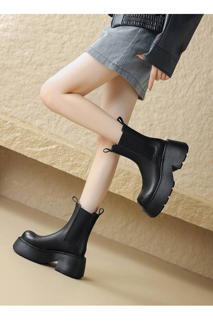cameido British-style thick-soled boots for women, women's cuffed sleeve boots with elastic openings, chimney boots for 2024_voghion.com