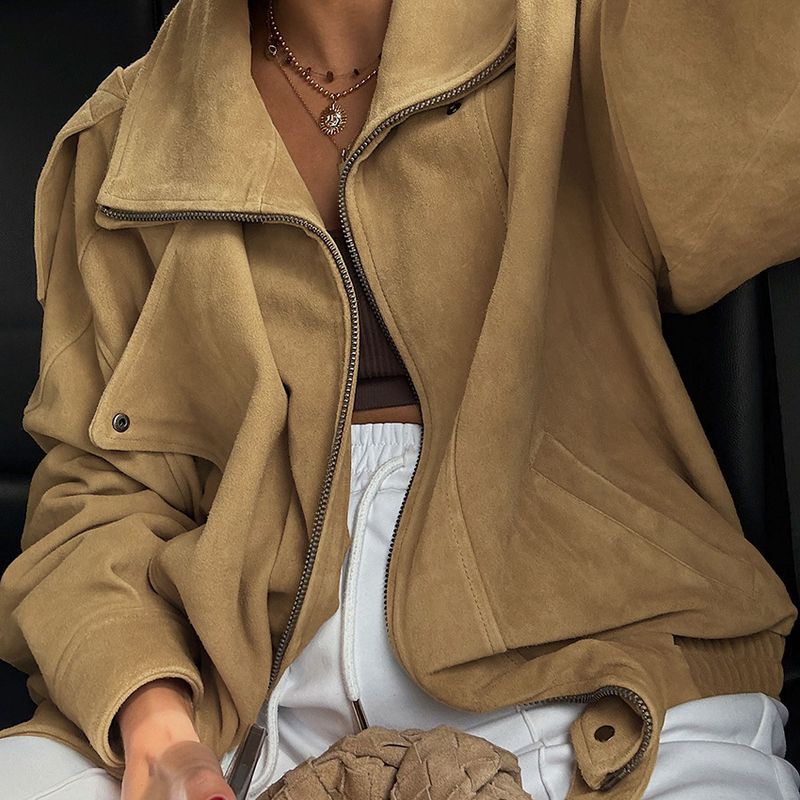 Women's Suede Fleece Jacket - Soft Matte Finish, Stylish Loose Fit, Mid-Length Coat With Stand Collar & Pockets (Khaki, S/M/L)_voghion.com