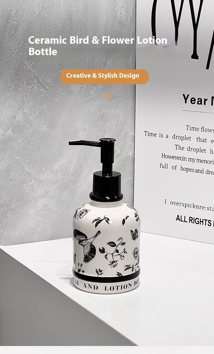 Dispenser per lozione in ceramica vintage - Design con uccellini floreali in bianco e nero (420 ml, finitura opaca, arredamento per hotel e casa)_voghion.com