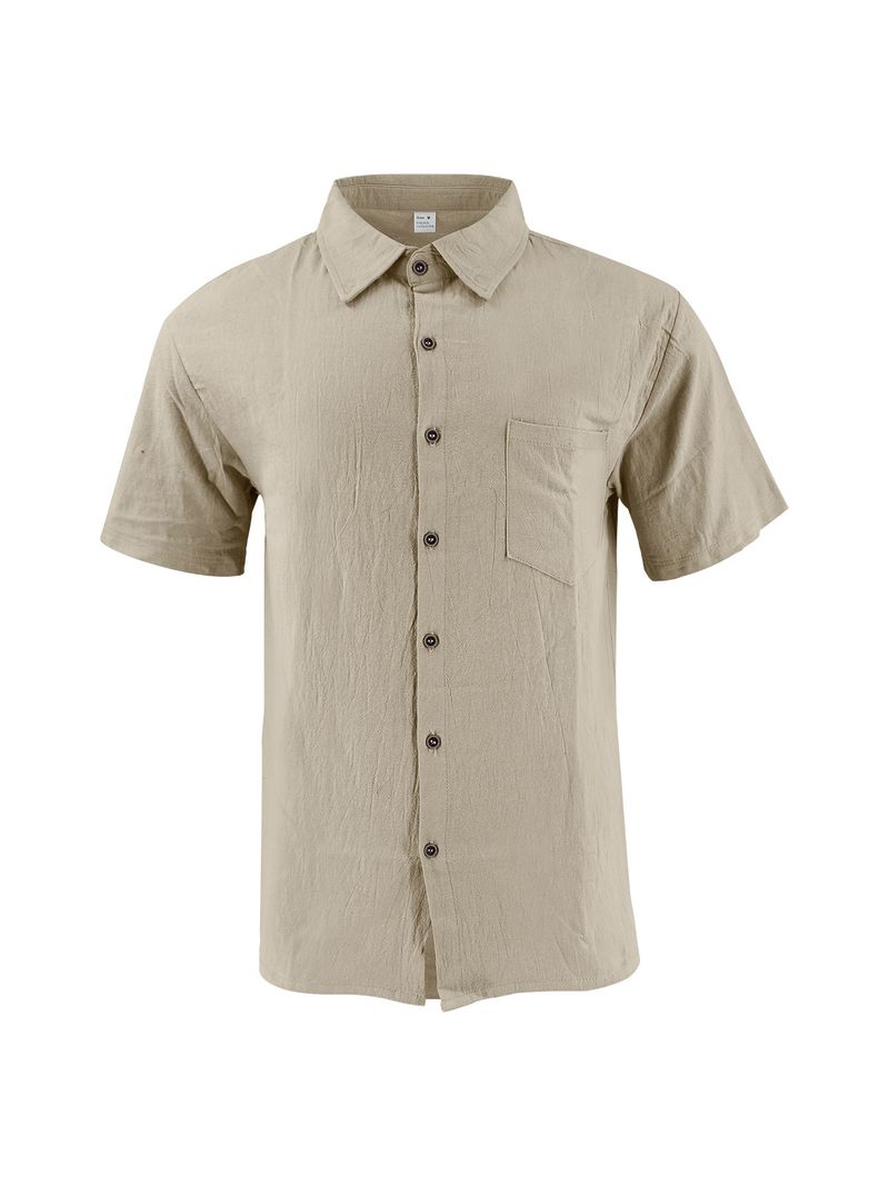 Camicia da uomo in lino a maniche corte, casual, traspirante, con bottoni, per le vacanze estive in spiaggia, con tasche_voghion.com