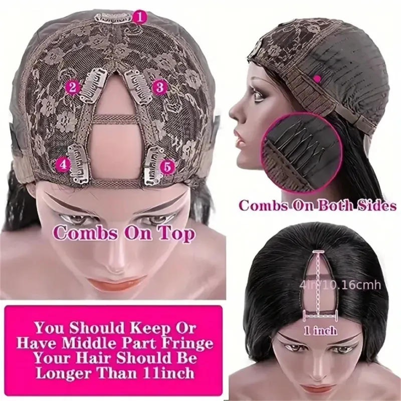Pelucas brasileñas de cabello humano con parte en V, 100 % liso, densidad del 180 %._voghion.com