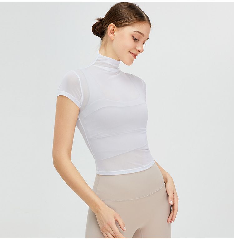 Maglietta da yoga vintage con collo alto, da donna, ad asciugatura rapida, sportiva, in rete, con protezione solare, per yoga_voghion.com