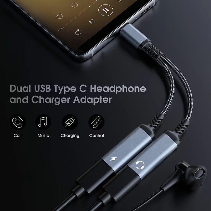 Adattatore splitter audio/caricabatterie 2 in 1 da USB C a due porte Type-C, jack per cuffie, adattatore audio per iPhone 16, 15, Samsung, Xiaomi_voghion.com