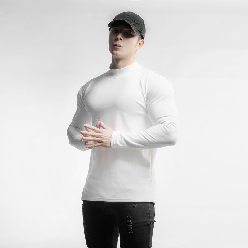 Thermo-Langarm-T-Shirt für Herren zum Laufen und fürs Fitnessstudio – atmungsaktives doppellagiges Fleece, Rundhalsausschnitt und hoher Kragen, einfarbig (Schwarz/Weiß/Grau/Khaki)_voghion.com