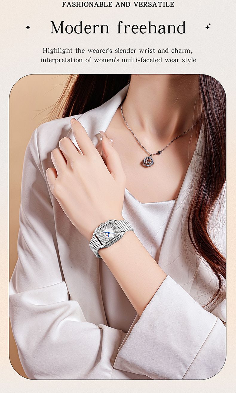 Elegant Square Roman Numeral Quartz Watch For Women With Diamond Accents, Stainless Steel Band, Mineral Glass, 30M Water Resistant_voghion.com