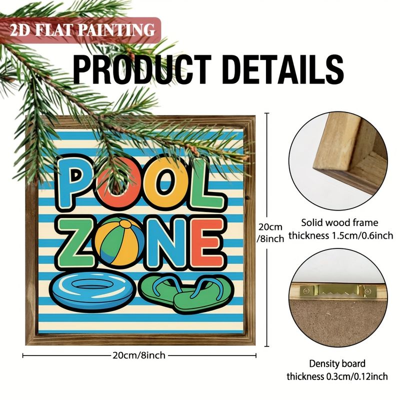 Rustikt træskilt med 'Pool Zone' - 20x20 cm livlig sommerdekoration med badetøj og klipklappere. Perfekt til verandaen, haven eller som sæsongave._voghion.com